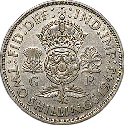 Монета 2 шиллинга (флорин) 1943 Великобритания