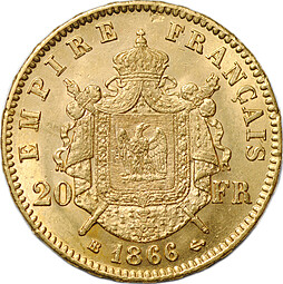 Монета 20 франков 1866 BB Франция