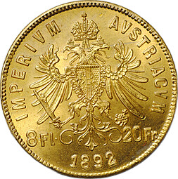 Монета 8 флоринов - 20 франков 1892 рестрайк Австро-Венгрия