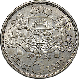 Монета 5 лат 1929 Латвия