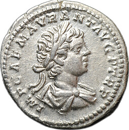 Монета Денарий 198 Каракалла Минерва c Победой в руке и трофеями Римская Империя