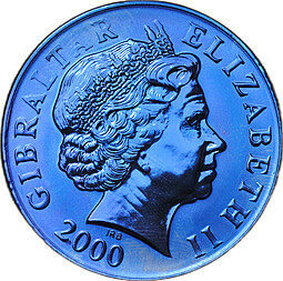 Монета 5 фунтов 2000 160 лет единой почтовой марке 2 пенни Голубой титан Гибралтар