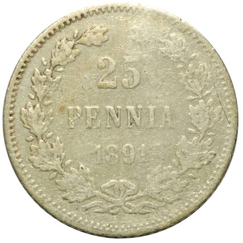 Монета 25 пенни 1891 L Русская Финляндия