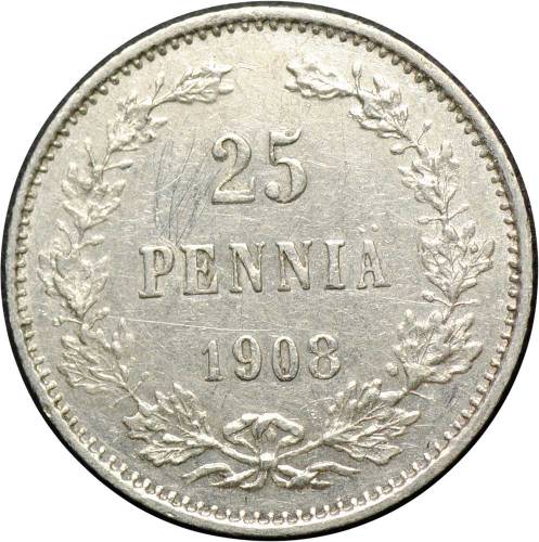 Монета 25 пенни 1908 L Русская Финляндия