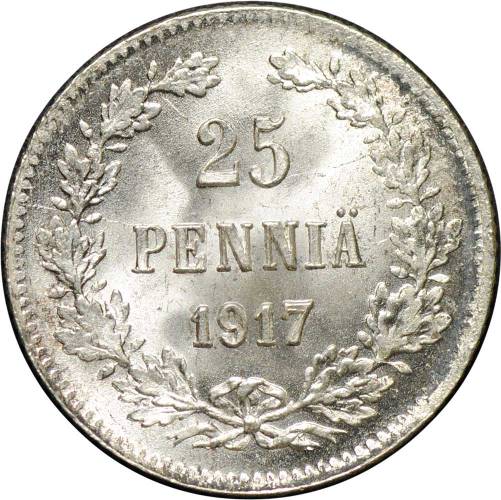 Монета 25 Пенни 1917 S Русская Финляндия (гербовый орел с коронами)