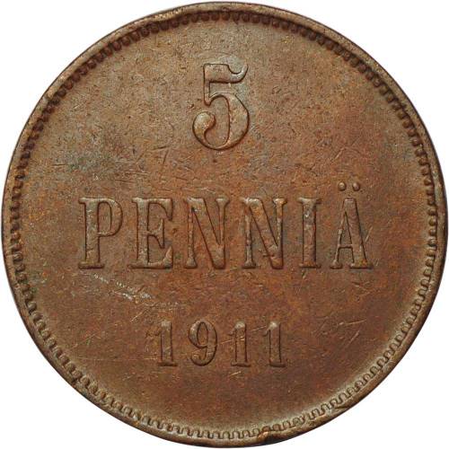 Монета 5 пенни 1911 Русская Финляндия