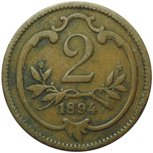 Монета 2 геллера 1894 Австрия