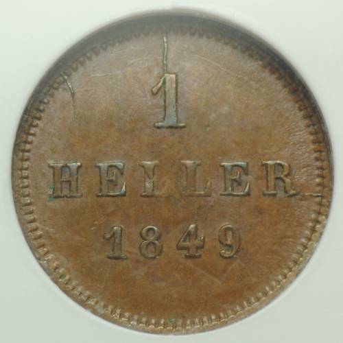 Монета 1 геллер 1849 Германия