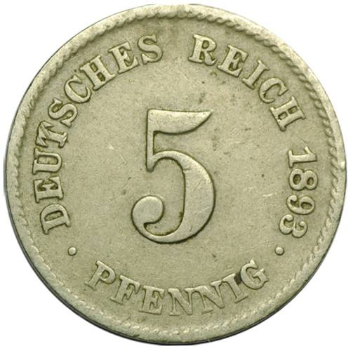 Монета 5 пфеннингов 1893 Германия