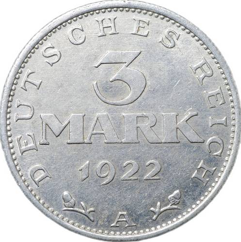 Монета 3 марки 1922 А легенда вокруг орла Германия
