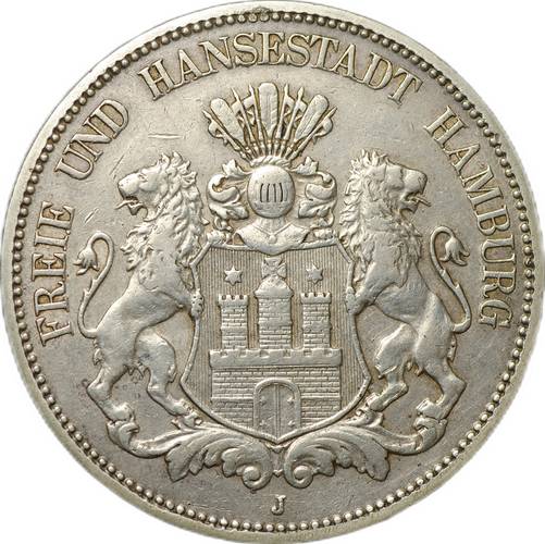 Монета 5 марок 1908 Гамбург Германия