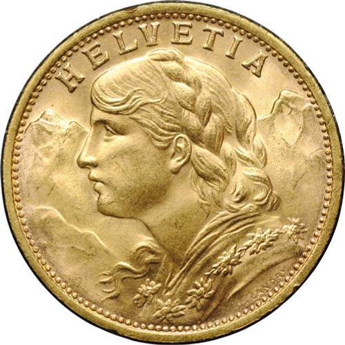 Монета 20 франков 1935 L B Швейцария