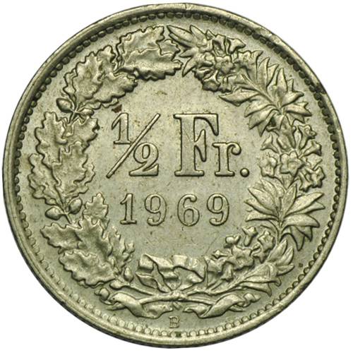Монета 1/2 франка 1969 В Швейцария