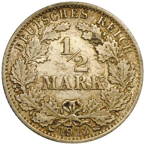 Монета 1/2 марки 1913 А Германия