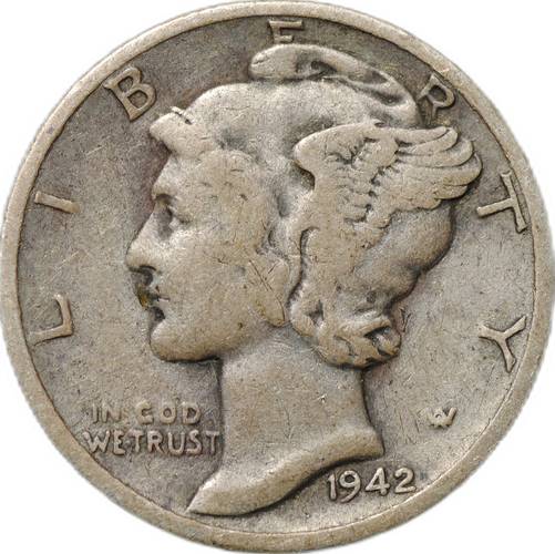 Монета 1 дайм (10 центов) 1942 D США