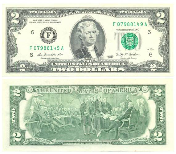 Банкнота 2 доллара 2009 США
