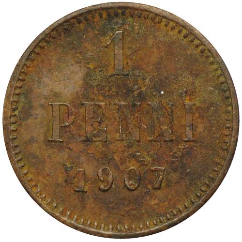 Монета 1 пенни 1907 Русская Финляндия