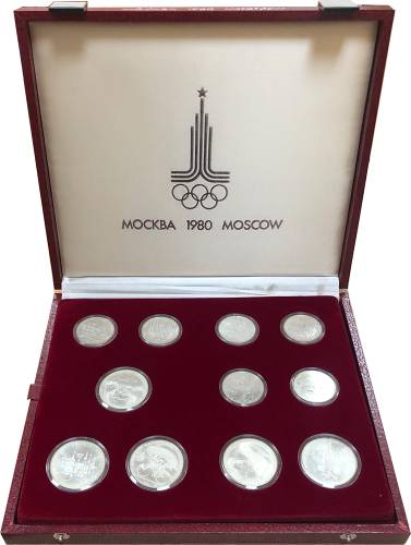 Набор 5, 10 рублей 1977-1980 Олимпиада 80 Москва серебро АЦ 28 монет в красной коробке