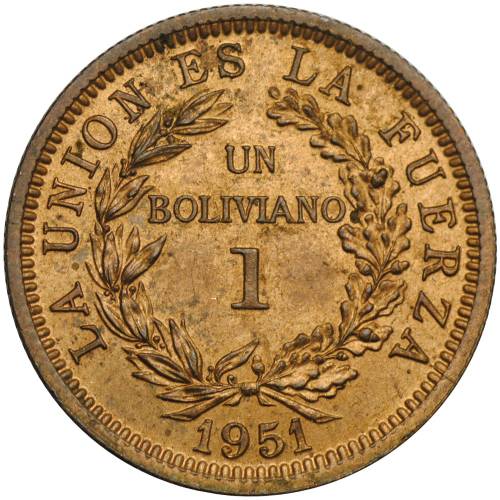 Монета 1 боливано 1951 Боливия
