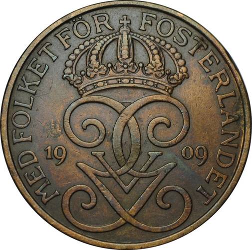 Монета 5 эре 1909 Швеция Крест меньше