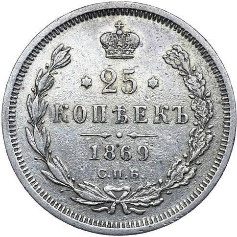 Монета 25 копеек 1869 СПБ НI