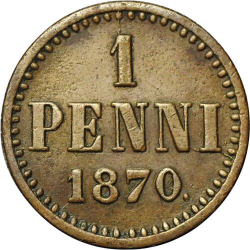 Монета 1 пенни 1870 Для Финляндии