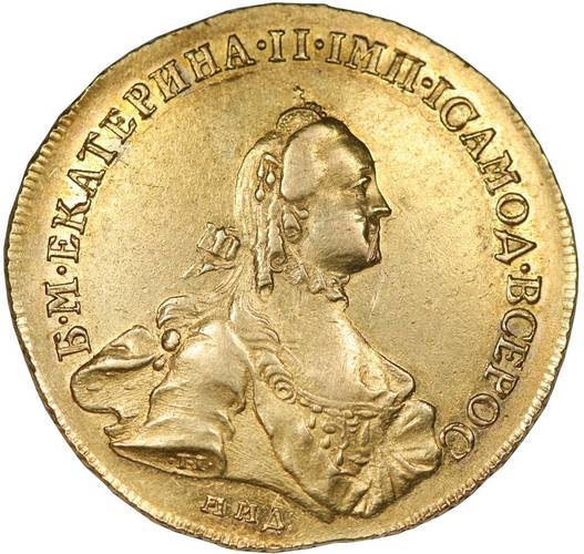 Монета 10 рублей 1762 ММД Екатерины 2