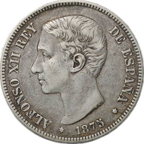Монета 5 песет 1875 Испания