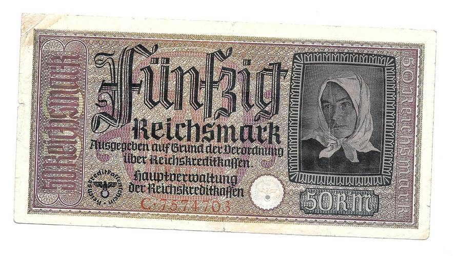 Банкнота 50 рейхсмарок (марок) 1940-1945 для оккупированных территорий Германия Третий Рейх