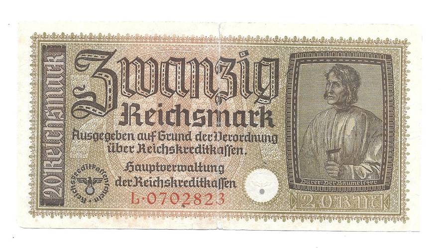 Банкнота 20 рейхсмарок (марок) 1940-1945 для оккупированных территорий Германия Третий Рейх