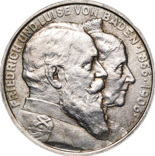 Монета 2 марки 1906 Золотая свадьба Фридриха I и Луизы Баден Германия