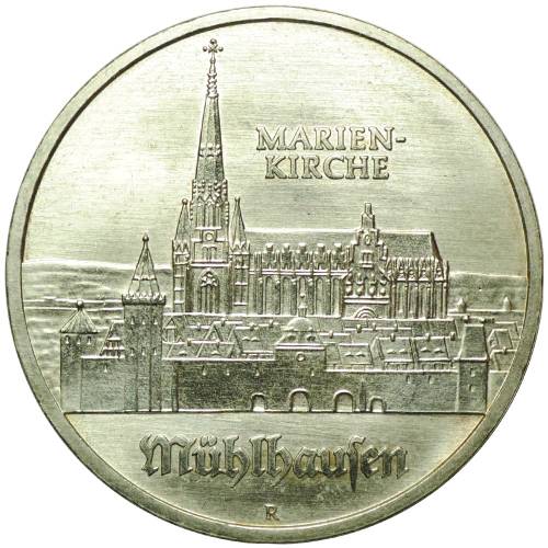 Монета 5 марок 1989 Церковь Св. Марии в Мюльхаузене Германия ГДР