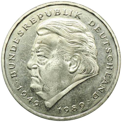 Монета 2 марки 1990 Франц Йозеф Штраус Германия ФРГ