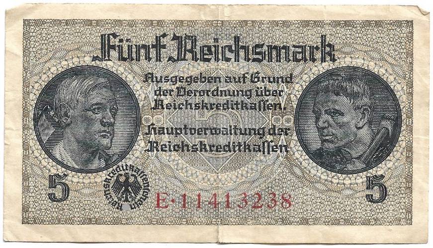 Банкнота 5 рейхсмарок (марок) 1939-1945 для оккупированных территорий Германия Третий Рейх