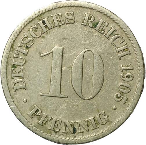 Монета 10 пфеннингов 1905 D Германия