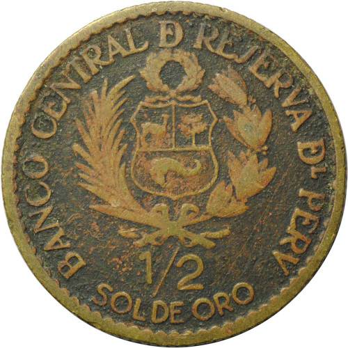 Монета 1/2 соль 1965 Перу