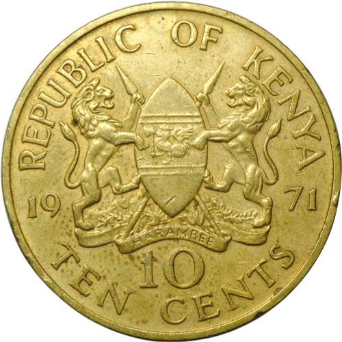 Монета 10 центов 1971 Кения