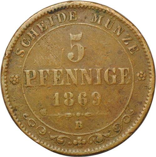 Монета 5 пфеннингов 1869 Саксония Германия
