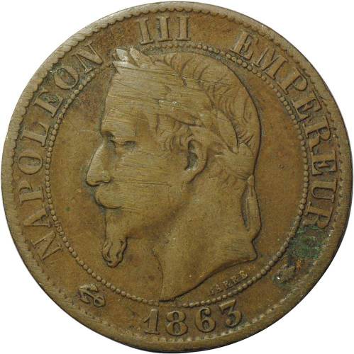 Монета 5 сантимов 1863 А Франция