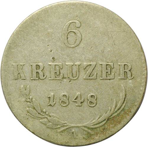 Монета 6 крейцеров 1848 А Австрия