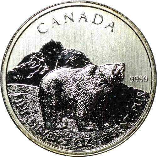 Монета 5 долларов 2011 Медведь Гризли Канада