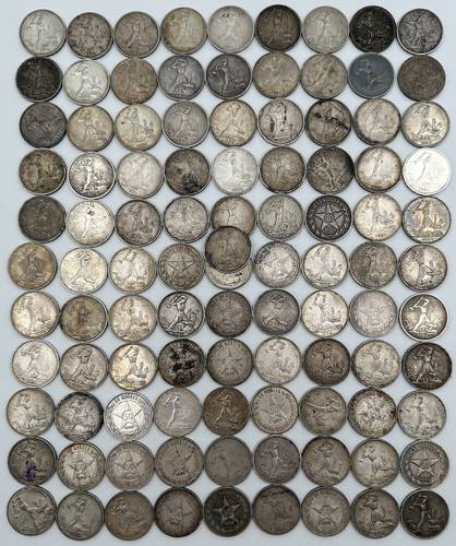 Инвестиционный лот серебряные 50 копеек / полтинники 1922, 1924, 1925, 1926 годов - 100 монет