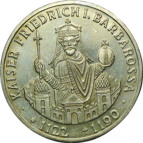 Монета 10 марок 1990 F 800 лет со дня смерти Фридриха I Барбаросса Германия ФРГ