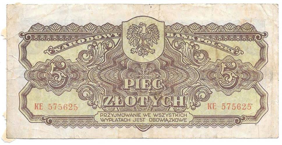 Банкнота 5 злотых 1944 Польша