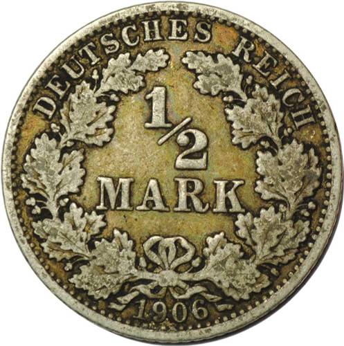 Монета 1/2 марки 1906 Германия