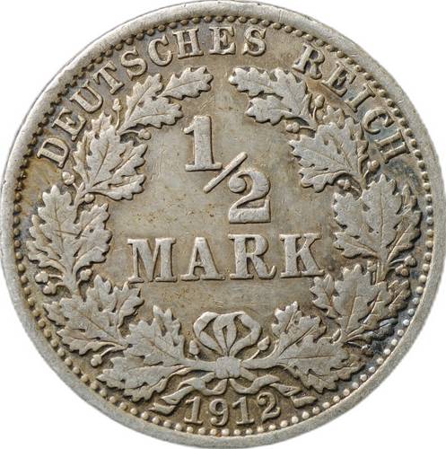 Монета 1/2 марки 1912 A Германия