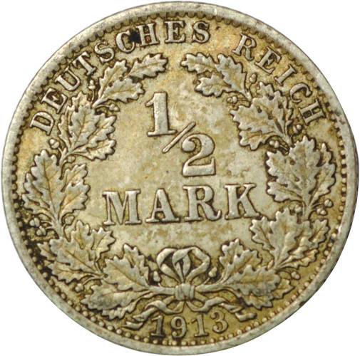 Монета 1/2 марки 1913 Германия