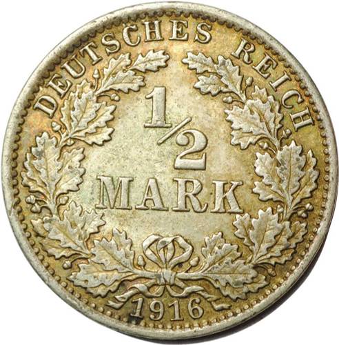 Монета 1/2 марки 1916 Германия