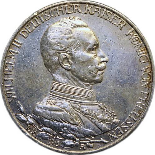 Монета 3 марки 1913 A 25 лет правления Вильгельма II Пруссия Германия
