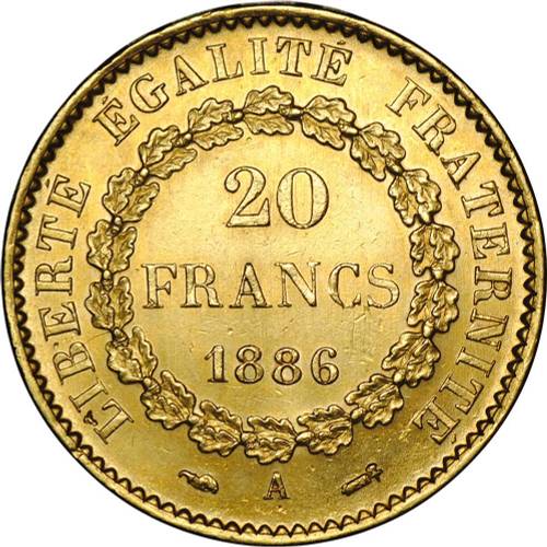 Монета 20 франков 1886 Франция